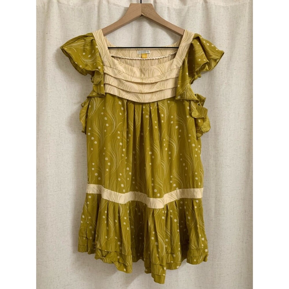 Leifsdottir Anthro 100% Silk Chartreuse Boho Ruffle Trim Women's Top 6
